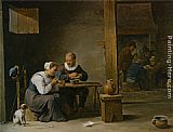 David The Younger Teniers Canvas Paintings - A man and woman smoking a pipe seated in an interior with peasants playing cards on a table